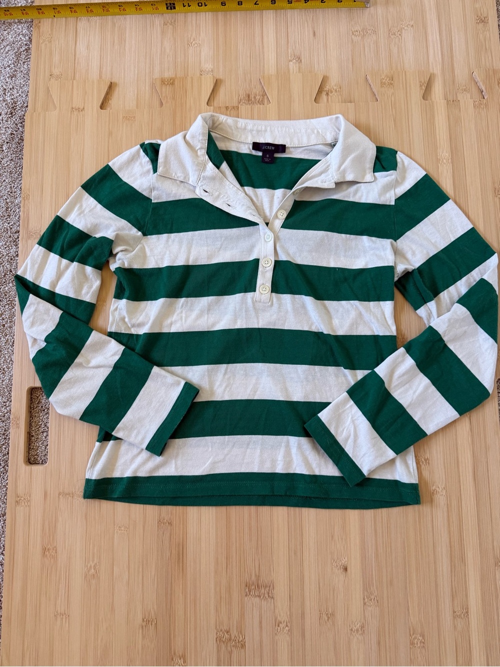 J.Crew Green White Stripe Long Sleeve Rugby Polo Shirt Henley Collar Womens S